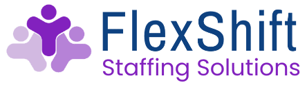 Logo for FlexStaff Staffing Solutions with blue and purple text.